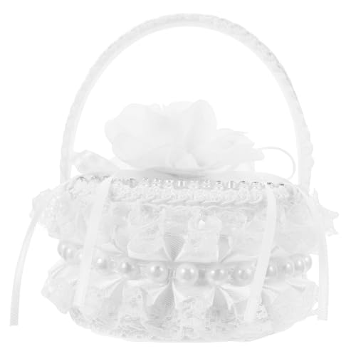 BRIGHTFUFU Elegant White Silk Lace Flower Basket Ring Pillow Bridal Flower Ring Holder with Pearl Handle for Wedding Ceremonies Mini Wedding Accessory