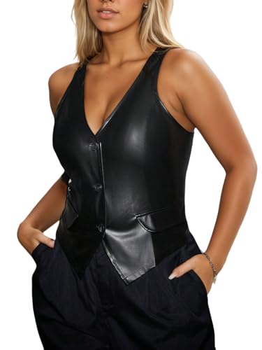 Plus Size Women's Button Front PU Leather Vest Blazer