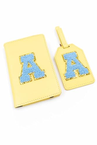 Image of Passport Cover & Bag Tag Combo | Personalized Initial Alphabet Custom A-Z Name Initial | Fits Standard Passports | Travel GiftIdeal Travel Gift for Women, Girls & Couples (Lemon)
