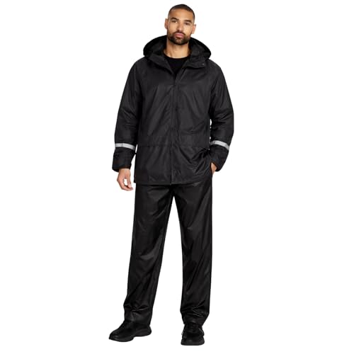 2 Piece Adults Unisex Waterproof Rain Suit Set Jacket Trousers Lightweight S-4XL (BLACK XL)