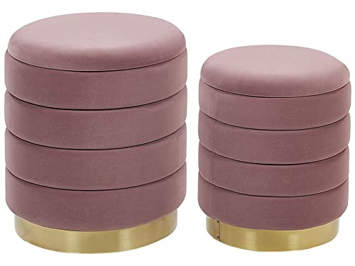 Beliani Conjunto de 2 pufs con almacenaje tapizados en Terciopelo de poliéster Rosa Base de Acero Inoxidable Dorada diseño Moderno Garland