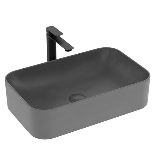 EMKE Rechteckiges Aufsatzwaschbecken, 61 x 38 x 15 cm, Waschbecken für WC, Keramikwaschbecken für Badezimmer, Mattgrau