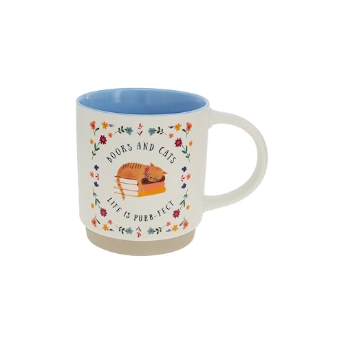 Pavilion Gift Company - Books & Cats - 18 oz Coffee Tea Mug Cat Kitten Feline Cat Lover Cat Parent Cat Mom Cat Dad Books Reading Reader Book Lover Kitchenware Drinkware