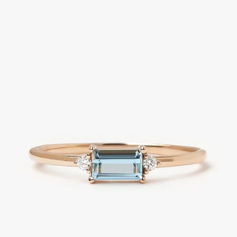 14k Solid Yellow Gold Aquamarine Ring, Baguette Engagement Ring Dainty Rings, Simple Rings, Minimalist Jewelry For Women Daily Wear - GJH080