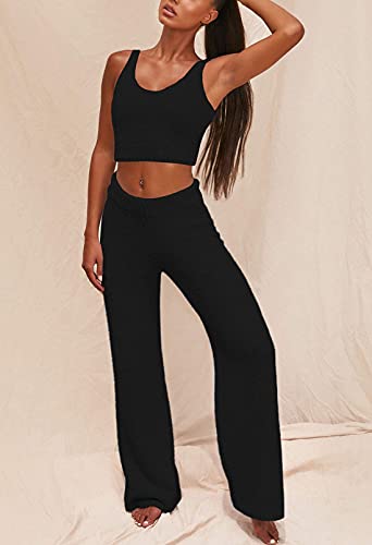 Womens Fuzzy Fleece 3 Piece Pajama Set Tank Crop Tops Pants Open Front Cardigan Lounge Outfit Black L - Thumbnail 6