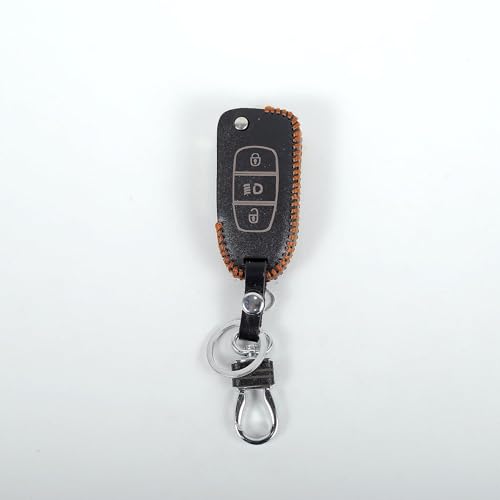 Image of Leather Smart Car Key Cover Case with Metal Hook Keychain for Tata Tigor, Bolt, Nexon, Hexa, Zest, Tiago (Black)