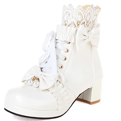 Meefit Women Platform Boots Lace Up Chunky Heel Ankle Boots with Bow Cosplay Winter Shoes2