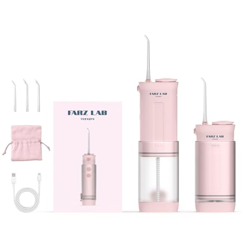 Farz Lab Portable Water Flosser - IPX7 Waterproof, Cordless, 90-Day Battery, Pink, Plaque Removal, Gum Health, Telescopic Design, Ideal for Braces & Travel, Water Flosser for Teeth