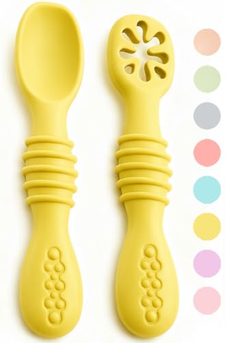 VegMai® Precucchiai per bambini. BLW Learning Spoons, Phase 1 + Phase 2. Raccomandato da nutrizionisti ed esperti di svezzamento. Rivestito in Silicone Antibatterico ed Ergonomico. (GIALLO)