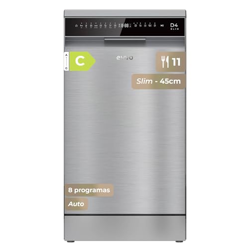 EVVO Lavavajillas D4X Slim 45 cm - Lavaplatos Libre Instalación, 11 Cubiertos, Eficiencia Clase C, 8 Programas, Modo Auto, Apertura Automática, Función Higiene, Media Carga. Lavavajillas Pequeño Inox