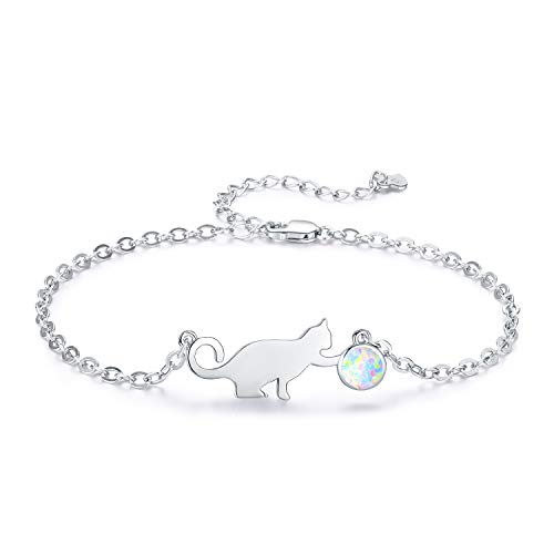 PRAYMOS Cat Bracelets for Women, 925 Sterling Silver Opal Kawaii Kitty Bracelet Hypoallergenic Cat Jewelry for Women Cat Themed Gifts