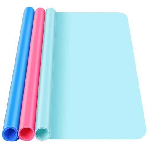 3 Pack Silicone Craft Mat, IKOCO 15.7"x 11.8" Playdough Mat Nonslip and Nonstick Silicone Sheets for Crafts, Paint, Resin Casting Molds, Blue & Rose Red & Cyan