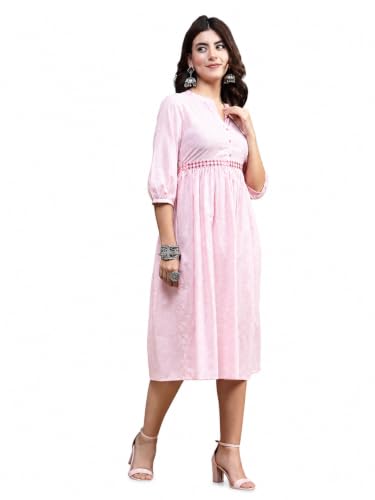Image of Rama's Women's Printed Cotton One Piece Dress | V-Neck | 3 /4 Sleeves | Empire Waist | Knee Length Casual Dress for Women