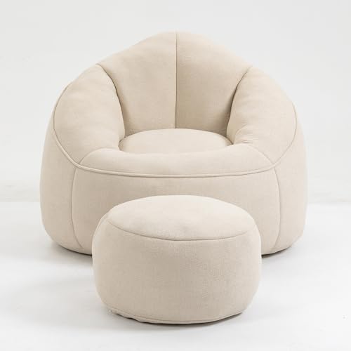 MWrouqfur Comfy Bean Bag Chairs with Footstool, Super Soft Bean Bag Sofa Chair with High Elasticity Foam&Petal Back, Modern Lazy Sofa for Living Room, Bedroom, Apartment, Dorm (Beige)