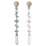 [SensaBliss] おしゃぶりホルダー 恐竜 おしゃぶりストラップ シリコン ストラップ 木製 クリップ 落下防止 洗える お手入れ簡単 男の子 女の子用 かわいい グリーン ペールピンク 2本セット