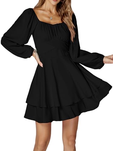 LYANER Women's Lantern Long Sleeve Wrap Tie Back Square Neck Double Layer Ruffle Hem A Line Short Mini Dress
