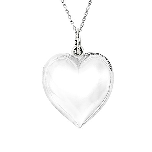 Ritastephens Sterling Silver Shiny Medium Puffed Heart Polished Charm Pendant Rolo Chain Necklace (18, 20, 24 Inches)