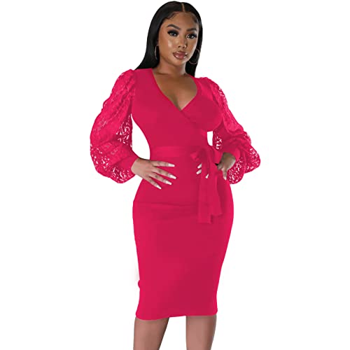 Image of BOGURST Semi Formal Church Dresses for Women Bishop Sleeve Sexy V Neck Bodycon Midi Dresses