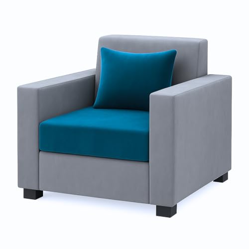Image of Furny Lexman 5 Seater Fabric 3+1+1 Sofa Set (Aqua Blue-Light Grey) | Soft Velvet Fabric | Modern Design | Comfortable Seating | Living Room Furniture