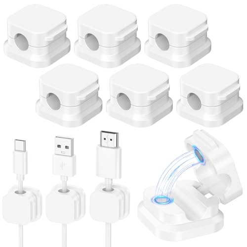 Oumida 6 Piezas Clips Magnéticos Adhesivos para Cables, Con Cinta Autoadhesiva Sin Costuras, Soporte para Cables para Escritorio para Cables de Carga/HDMI/Cable de Audio etc (Blanco)