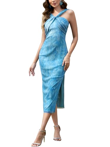M.Infisavo Womens 2026 Casual Summer Dresses Sleeveless Strap Flowy Floral Mesh Bodycon Slit Vacation Midi Dress, Light Blue Abstract Printed, Large