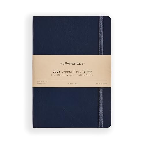 myPAPERCLIP 2026 Weekly & Monthly Planner, 12 Months (Jan2026 - Dec2026), A5 (5.6 in x 8 in), Italian Vegan Leather Planner with Weekly & Monthly Spreads, Yearly Overview – Blue