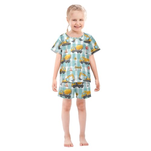 Pajama Short Sets Construction Vehicles Pattern Design Soft Cotton Summer Sleepwear 2 Piece PJS Size 5-14T4