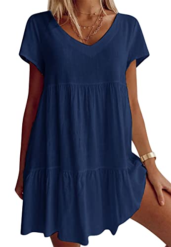 Image of Fangetey Women's V-Neck Tunic Dresses Short Sleeve Button Down Loose Casual Summer Short Flowy Swing Dress
