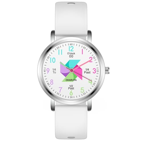 Kids Watch Analog Waterproof, Pinwheel Learning Watch for Kids 8-12, Teacher Watches for Girl Ages 5-7 6-8, Easy to Read Educational Girls Watches White