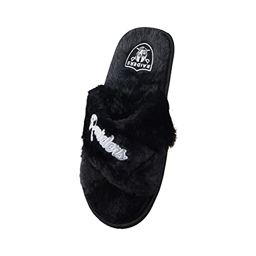 Image of FOCO Womens NFL Team Script Wordmark Fuzzy Cross Slide Slippers