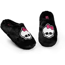 Monster High Womens Black Fluffy Mule Slippers | Cartoon Skull with Bow Design | Stylish Home Wear & Lounging Footwear