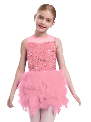 Kaerm Vestido latino para niña, vestido de torneo sin mangas, vestido de lentejuelas con plumas, brillante, vestido de ballet, malla patchwork, vestido de baile para carnaval, Rosa., 122-128