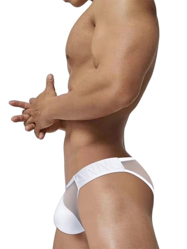 Men's Stretch Ice Silk Sexy Thong, Bulge Pouch Jockstrap Breathable G-Strings Underwear for Male Cotton G-Strings White3