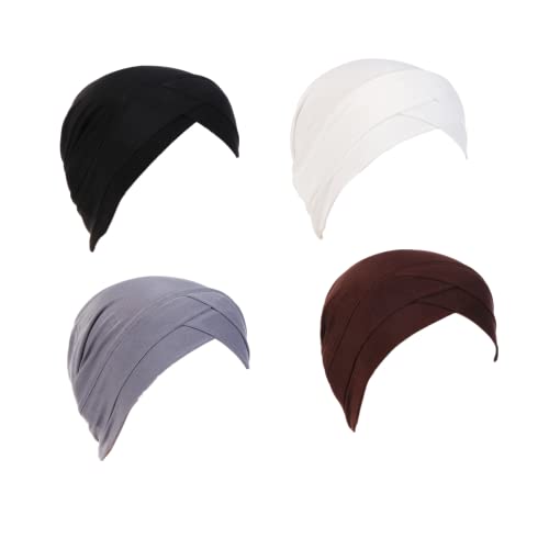 4Pcs Solid Color Full Cover Inner Hijab Caps Muslim Forehead Cross Turban Stretch Hijab for Women Head Scarf Under Hijab (Black+White+Grey+Brwon)