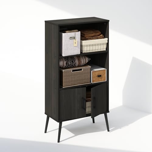 Furinno MIDCENTURY Storage Cabinet, 3 Tier Accent Cabinet with Open Shelves, Closed Cabinet, Wooden Legs, Organization and Storage, for Living Room, Home Office, Espresso - image 5