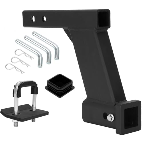 10000lbs 10-Inch Hitch Receiver Extension Riser 2 Inch Receiver with 10 Inch Drop Adjustable 9 or 11 Length Dual Pinhole Design 3-Pack Hitch Pins and Universal Trailer Cap Black
