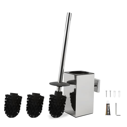 EXLECO Escobillas de Baño Cuadrado Cepillo Inodoro Escobillero Baño de Pared de Acero Inoxdable con 2 Cabezales de Recambio, Escobillas de Baño con Tapa Cepillo Mango Largo Accesorios Baño Cromo