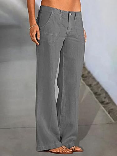 Flamingals Women's Linen Pants Low Rise Wide Leg Pants Flare Dress Pants Without Belt2