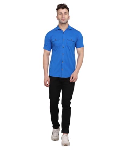 Image of Men's Half Sleeve Shirt - Spread Collar Casual Shirt with Double Flap Pockets - Slim Fit Cotton Blend Button-Down