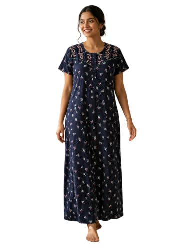 Image of 9shines Label Stylish Bamboo Cotton Nighty Maxi for Women | Full Length Trendy Nightgown | Premium Nightdress | Nightwear | Embroidery Nighty with Pocket (9666)