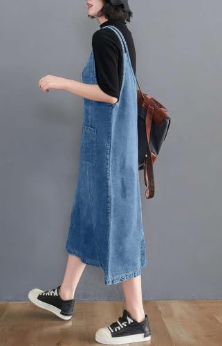 Image of ebossy Women's Sleeveless V Neck Denim Overall Jumper Dress Casual Loose Double Spaghetti Straps Midi Jean Dress