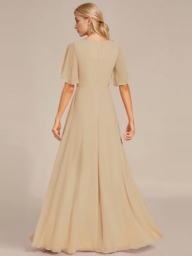 Image of Ever-Pretty Women's Spring Short Sleeve Bridesmaid Dresses V-Neck Chiffon Ruched Empire Waist Appliques Long Formal Dress