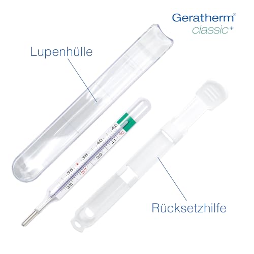 GERATHERM classic+ analoges Fieberthermometer PLUS Aufbewahrungshülle mit Lupeneffekt für einfaches Ablesen und Premium-Rücksetzhilfe/Thermometer ohne Quecksilber und ohne Batterien/Made in Germany