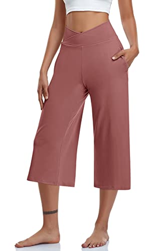 Image of TARSE Womens Casual Wide Leg Yoga Capris Crossover High Waist Capri Pants Loose Soft Pajama Pockets Sweatpants