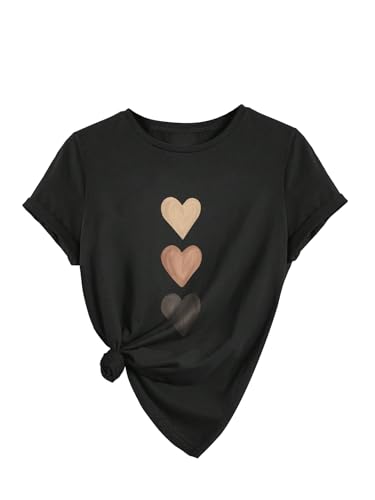 SweatyRocks Girl's Heart Printed T Shirts Crewneck Short Sleeve Casual Basic Tee Tops