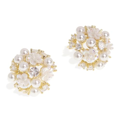 JeanBeau Gold CZ Pearl Stud Earrings for Women Statement Small Cluster Rhinestone Flower Pearls Sterling Silver Hypoallergenic Wedding Prom Birthday Fashion Jewelry Gift