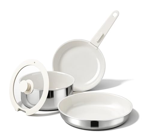Image of 5PCS Pots and Pans Set Non Stick, Diamond-Titanium Ceramic Cookware Set & 3 Layer Stainless Steel with Detachable Handle, Induction Cookware, Non Toxic Oven /Dishwasher Safe, White