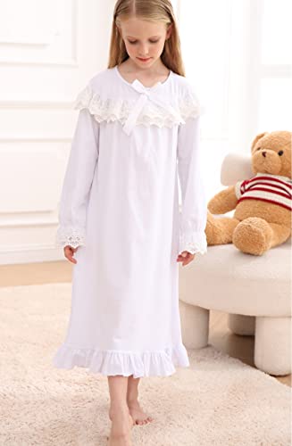 Nightgowns For Girls 6-7 Years Old Long Sleeve Classic Lace Sleep Dress Kids Casual White Nightdress For Fall Winter #TOP1
