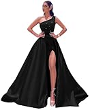KALAMIUO One Shoulder Sequin Prom Dresses with Detachable Train Long Ball Gown for Women Satin Formal Evening Party Gowns with Slit Black US8
