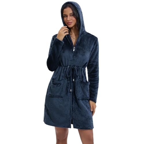 Mnamo Damen Fleece Bademantel mit Kapuze und Reißverschluss Kuschelig weiches Hausmantel mit Patch Pockets Navyblau M